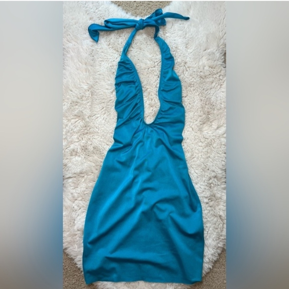 Teal Halter Mini Dress with Deep V Neck